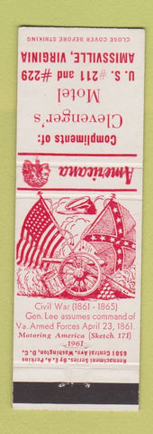 Matchbook Cover - Clevenger's Motel Amissville VA Perkins Americana Civil War