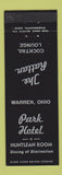 Matchbook Cover - Park Hotel Huntleah Room Warren OH