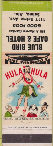 Matchbook Cover - Blue Bird Cafe Hotel Selma AL hillbilly hula girlie