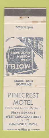 Matchbook Cover - Pinecrest Motel Jonesville MI WEAR