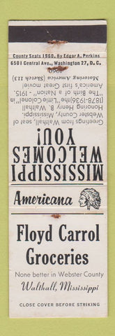 Matchbook Cover - Floyd Carrol Grocery Walthall MS Perkins Americana WHITE WEAR