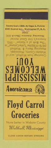 Matchbook Cover - Floyd Carrol Grocery Walthall MS Perkins Americana YELLOW