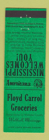 Matchbook Cover - Floyd Carrol Grocery Walthall MS Perkins Americana GREEN