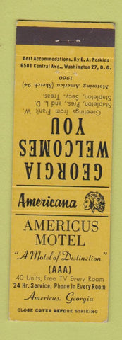 Matchbook Cover - Americus Motel GA Perkins Americana YELLOW
