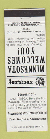 Matchbook Cover - Traveler's Motel Park Rapids MN Perkins Americana WHITE
