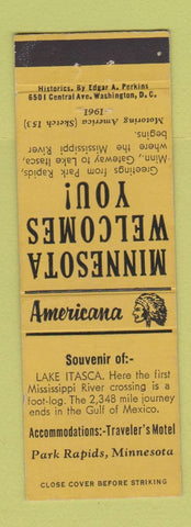 Matchbook Cover - Traveler's Motel Park Rapids MN Perkins Americana YELLOW