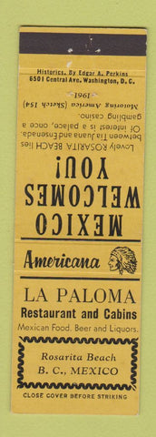 Matchbook Cover - La Paloma Rosarita Beach Mexico Perkins Americana YELLOW