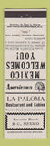 Matchbook Cover - La Paloma Rosarita Beach Mexico Perkins Americana WHITE