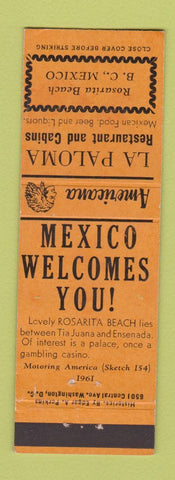 Matchbook Cover - La Paloma Rosarita Beach Mexico Perkins Americana ORANGE