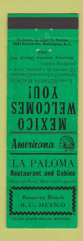 Matchbook Cover - La Paloma Rosarita Beach Mexico Perkins Americana GREEN