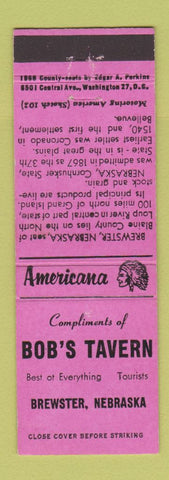 Matchbook Cover - Bob's Tavern Brewster NE Perkins Americana PINK