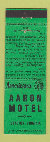 Matchbook Cover - Aaron Motel Boydton VA Perkins Americana GREEN