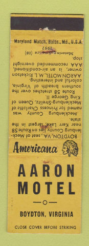 Matchbook Cover - Aaron Motel Boydton VA Perkins Americana YELLOWWEAR