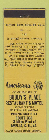 Matchbook Cover - Buddy's Place Motel Amelia VA Perkins Americana YELLOW