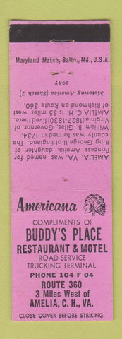 Matchbook Cover - Buddy's Place Motel Amelia VA Perkins Americana PINK