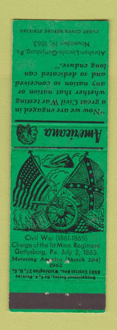 Matchbook Cover - Gettysburg PA Civil War Perkins Americana GREEN