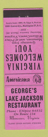 Matchbook Cover - Lake Jackson Restaurant Manassas VA Perkins Americana PINK