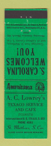 Matchbook Cover - Texaco oil gas St Matthews SC Perkins Americana GREEN
