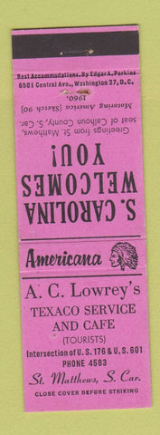 Matchbook Cover - Texaco oil gas St Matthews SC Perkins Americana PINK