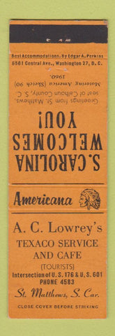 Matchbook Cover - Texaco oil gas St Matthews SC Perkins Americana ORANGE