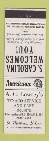 Matchbook Cover - Texaco oil gas St Matthews SC Perkins Americana WHITE