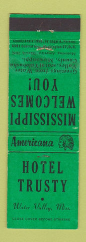 Matchbook Cover - Hotel Trusty Water Valley MS Perkins Americana GREEN WEAR