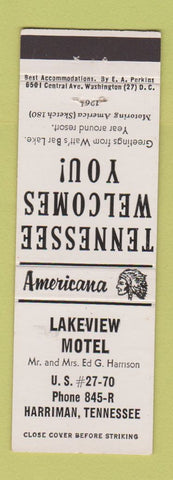 Matchbook Cover - Lakeview Motel Harriman TN Perkins Americana WHITE