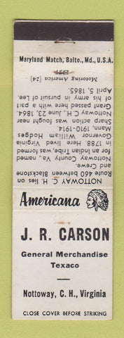 Matchbook Cover - JR Carson Texaco oil gas Nottoway VA Perkins Americana WHITE