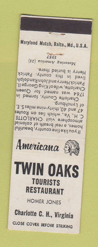 Matchbook Cover - Twin Oaks Charlotte Court House VA Perkins Americana WHITE