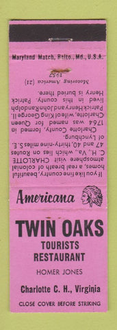 Matchbook Cover - Twin Oaks Charlotte Court House VA Perkins Americana PINK