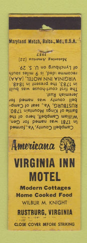 Matchbook Cover - Virginia Inn Motel Rustburg VA Perkins Americana YELLOW WORN