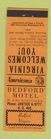 Matchbook Cover - Bedford Motel Bedford VA Perkins Americana ORANGE