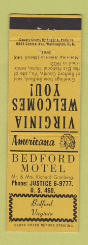 Matchbook Cover - Bedford Motel Bedford VA Perkins Americana YELLOW