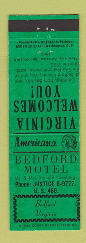 Matchbook Cover - Bedford Motel Bedford VA Perkins Americana GREEN