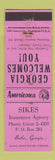 Matchbook Cover - Sikes Insurance Butler GA Perkins Americana PINK WEAR