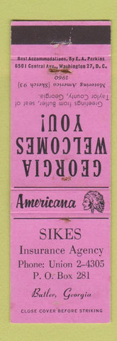 Matchbook Cover - Sikes Insurance Butler GA Perkins Americana PINK WEAR