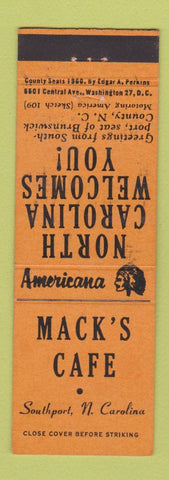 Matchbook Cover - Mack's Cafe Southport NC Perkins Americana ORANGE