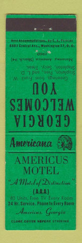 Matchbook Cover - Americus Motel GA Perkins Americana GREEN