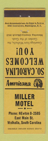 Matchbook Cover - Miller Motel Walhalla SC Perkins Americana YELLOW