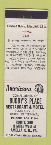 Matchbook Cover - Buddy's Place Motel Amelia VA Perkins Americana WHITE