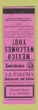 Matchbook Cover - La Paloma Rosarita Beach Mexico Perkins Americana PINK