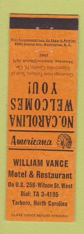 Matchbook Cover - William Vance Motel Tarboro NC Perkins Americana ORANGE