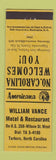 Matchbook Cover - William Vance Motel Tarboro NC Perkins Americana YELLOW