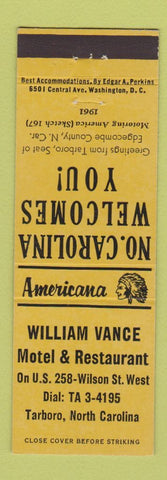 Matchbook Cover - William Vance Motel Tarboro NC Perkins Americana YELLOW