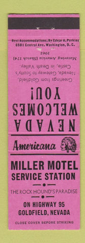 Matchbook Cover - Miller Motel oil gas Goldfield NV Perkins Americana PINK