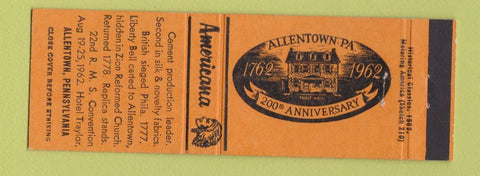 Matchbook Cover - Allentown PA 200th Annivesary Perkins Americana ORANGE