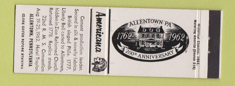 Matchbook Cover - Allentown PA 200th Annivesary Perkins Americana WHITE