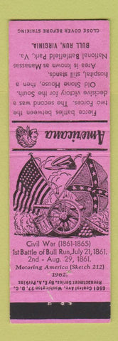 Matchbook Cover - Bull Run VA Civil War Perkins Americana PINK