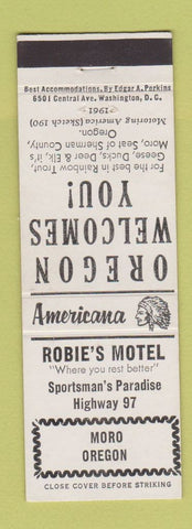 Matchbook Cover - Robie's Motel Moro OR Perkins Americana WHITE