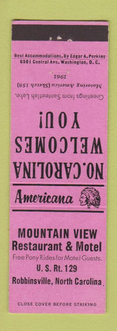 Matchbook Cover - Mountain View Motel Robbinsville NC Perkins Americana PINK